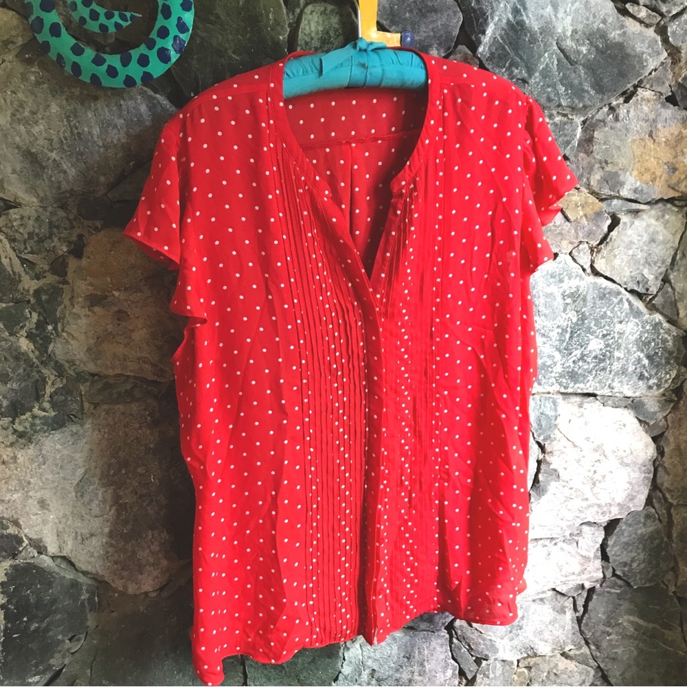 Attention Polyester red & white pleated front polka dot top size XXL